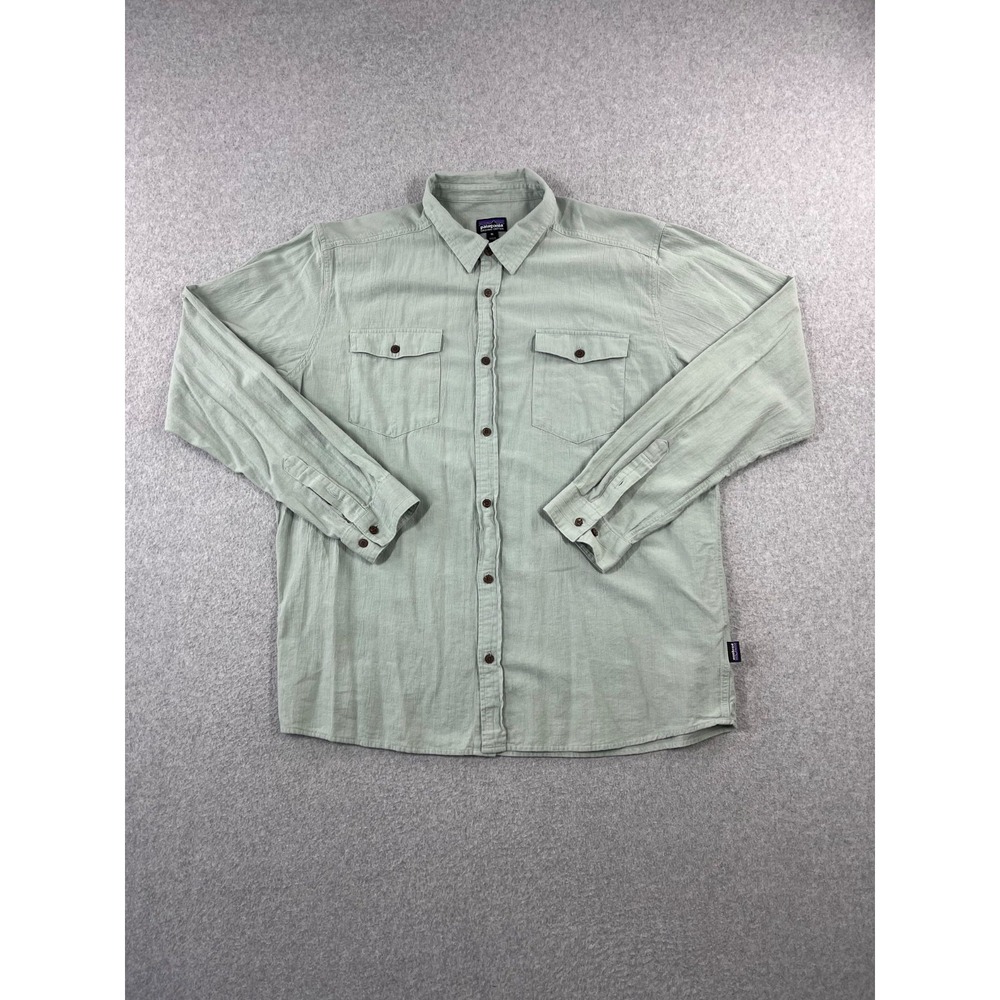 Patagonia Steersman Shirt Mens XL Green Long Sleeve Button Up Organic Cotton